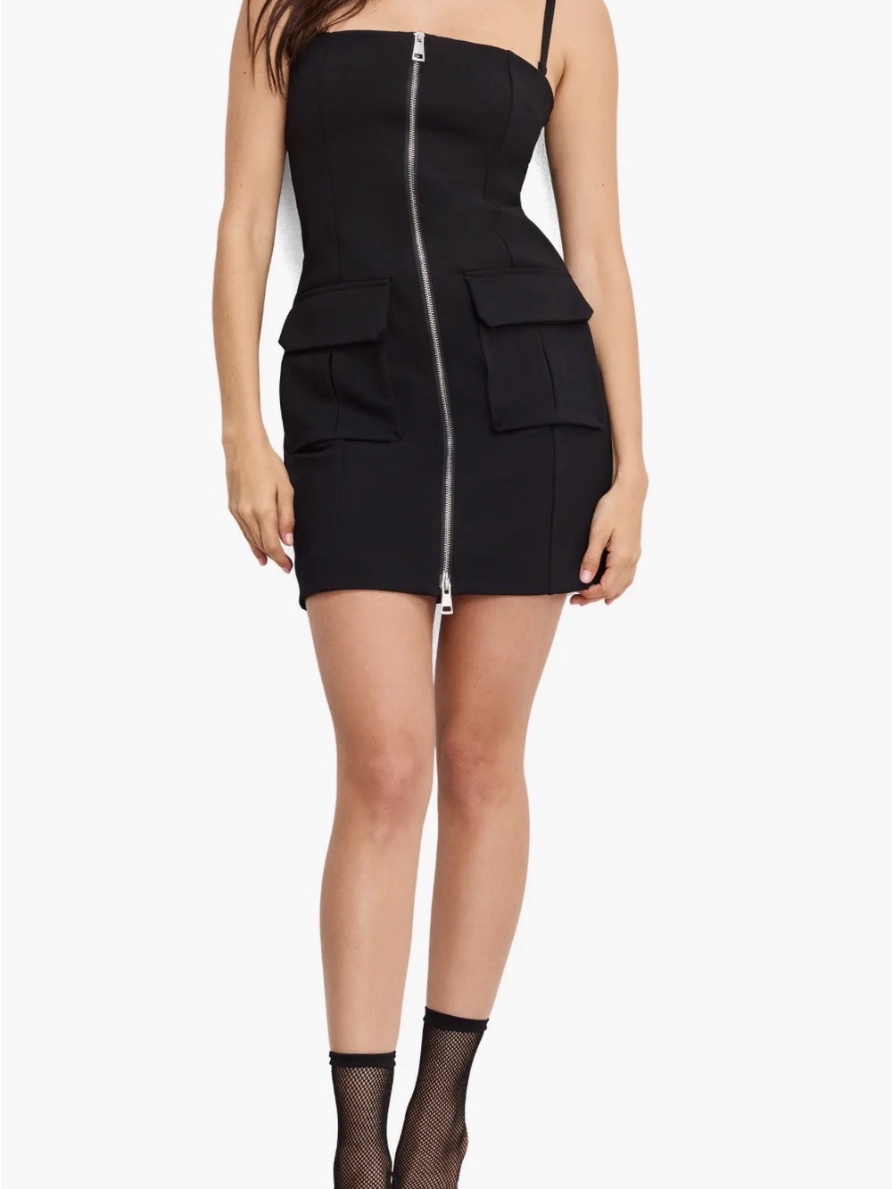 Good American Black Strapless Mini Dress with Front Zip Soft Ponte